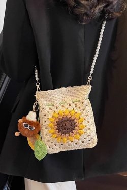 2025 Women's Cotton Woven Crossbody Bag with Pearl Chain - Small Beach Vacation Phone Bag for Summer Style