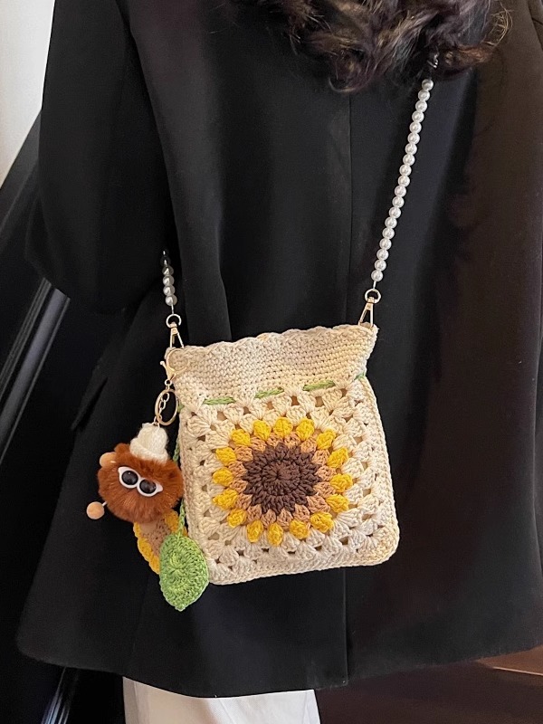 2025 Women's Cotton Woven Crossbody Bag with Pearl Chain - Small Beach Vacation Phone Bag for Summer Style 2025 Women's Cotton Woven Crossbody Bag with Pearl Chain - Small Beach Vacation Phone Bag for Summer Style