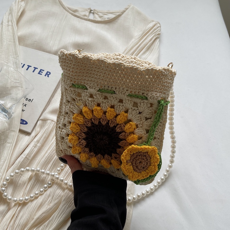 2025 Women's Cotton Woven Crossbody Bag with Pearl Chain - Small Beach Vacation Phone Bag for Summer Style 2025 Women's Cotton Woven Crossbody Bag with Pearl Chain - Small Beach Vacation Phone Bag for Summer Style