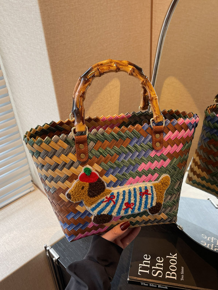 2025 Women's Handheld Bamboo Joint Beach Bag - Color-Blocking Woven Travel Basket for Shopping & Summer Style 2025 Women's Handheld Bamboo Joint Beach Bag - Color-Blocking Woven Travel Basket for Shopping & Summer Style