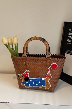 2025 Women's Handheld Bamboo Joint Beach Bag - Color-Blocking Woven Travel Basket for Shopping & Summer Style