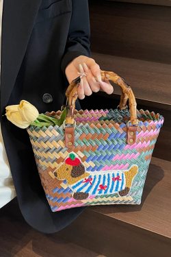 2025 Women's Handheld Bamboo Joint Beach Bag - Color-Blocking Woven Travel Basket for Shopping & Summer Style