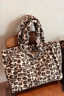 2025 Women's Plush Leopard Print Tote Bag - Fluffy Shoulder Bag with Large Capacity for Spring and Summer Fashion