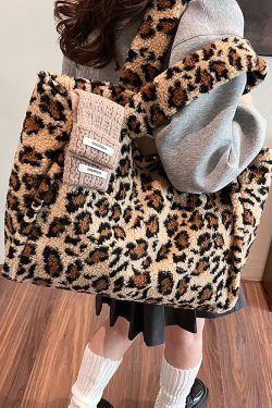 2025 Women's Plush Leopard Print Tote Bag - Fluffy Shoulder Bag with Large Capacity for Spring and Summer Fashion