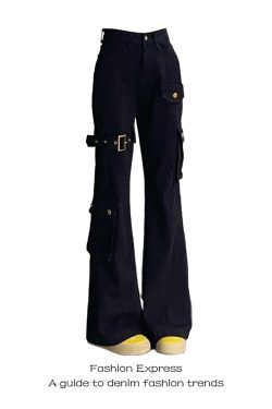 2025 Women's Sexy Black Jeans - American Style Slim Straight with Belt Splicing & Flared Hem, Trendy Y2K Fashion