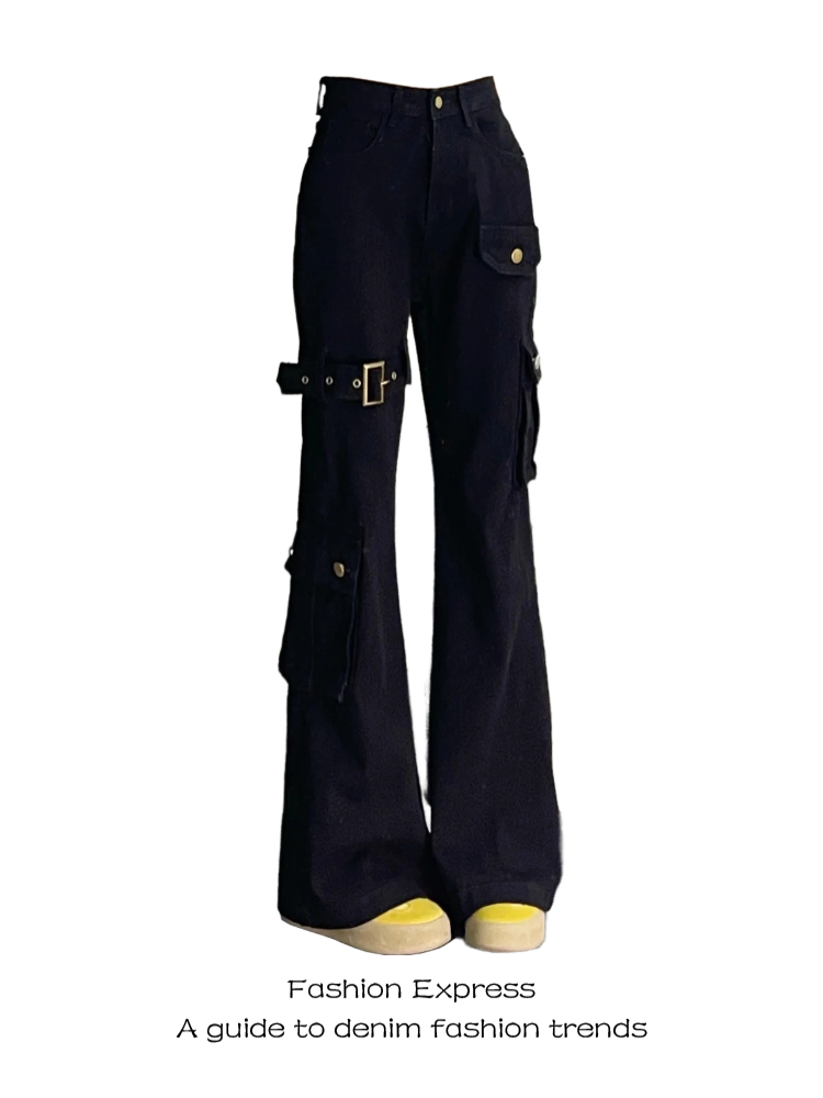 2025 Women's Sexy Black Jeans - American Style Slim Straight with Belt Splicing & Flared Hem, Trendy Y2K Fashion 2025 Women's Sexy Black Jeans - American Style Slim Straight with Belt Splicing & Flared Hem, Trendy Y2K Fashion