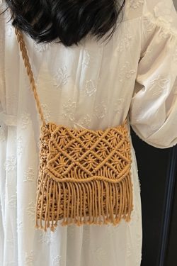 2025 Women's Summer Cotton Woven Crossbody Bag with Hollow Design and Tassels - Perfect for Beach Vacations and Mobile Phones