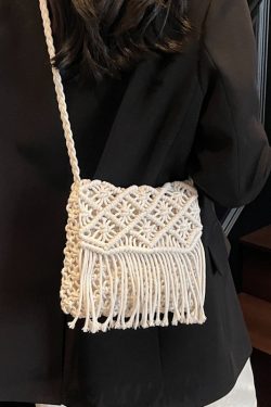 2025 Women's Summer Cotton Woven Crossbody Bag with Hollow Design and Tassels - Perfect for Beach Vacations and Mobile Phones