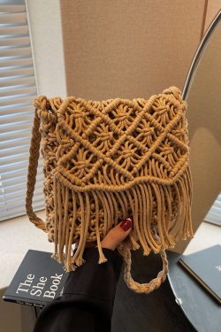 2025 Women's Summer Cotton Woven Crossbody Bag with Hollow Design and Tassels - Perfect for Beach Vacations and Mobile Phones