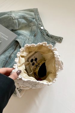 2025 Women's Summer Forest-Style Woven Straw Beach Bag - Drawstring Bucket Crossbody for Phone and Essentials