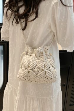 2025 Women's Summer Forest-Style Woven Straw Beach Bag - Drawstring Bucket Crossbody for Phone and Essentials
