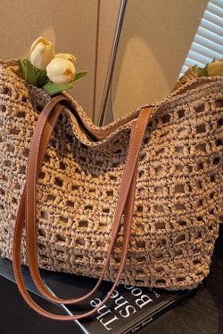 2025 Women's Summer Hollow Weave Straw Tote Bag - Large Capacity Beach Vacation Commuter Shoulder Bag