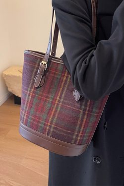 2025 Women's Trendy Spring Woolen Plaid Shoulder Bag - Large Capacity Commuting Bucket Bag