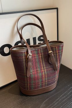 2025 Women's Trendy Spring Woolen Plaid Shoulder Bag - Large Capacity Commuting Bucket Bag