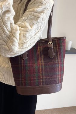 2025 Women's Trendy Spring Woolen Plaid Shoulder Bag - Large Capacity Commuting Bucket Bag
