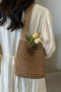 2025 Women's Woven Straw Bucket Bag - Artistic Forest-Themed Shoulder Bag for Beach Vacation