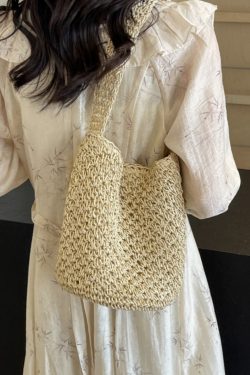 2025 Women's Woven Straw Bucket Bag - Artistic Forest-Themed Shoulder Bag for Beach Vacation