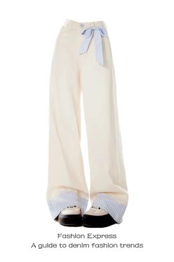 3D Bow Tie Denim Pants for Women - Blue Plaid Splicing Design, Sweet Long Pants for Spring and Autumn 2025, Trendy Casual Style