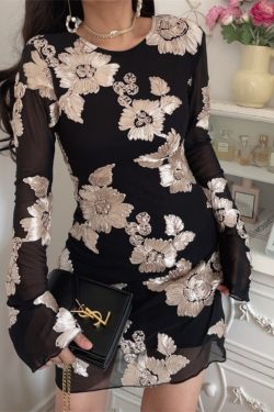 3D Relief Flower Mesh Black Long Sleeve Dress - Spring 2025 Fashion, Floral Design, Trendy Korean Style