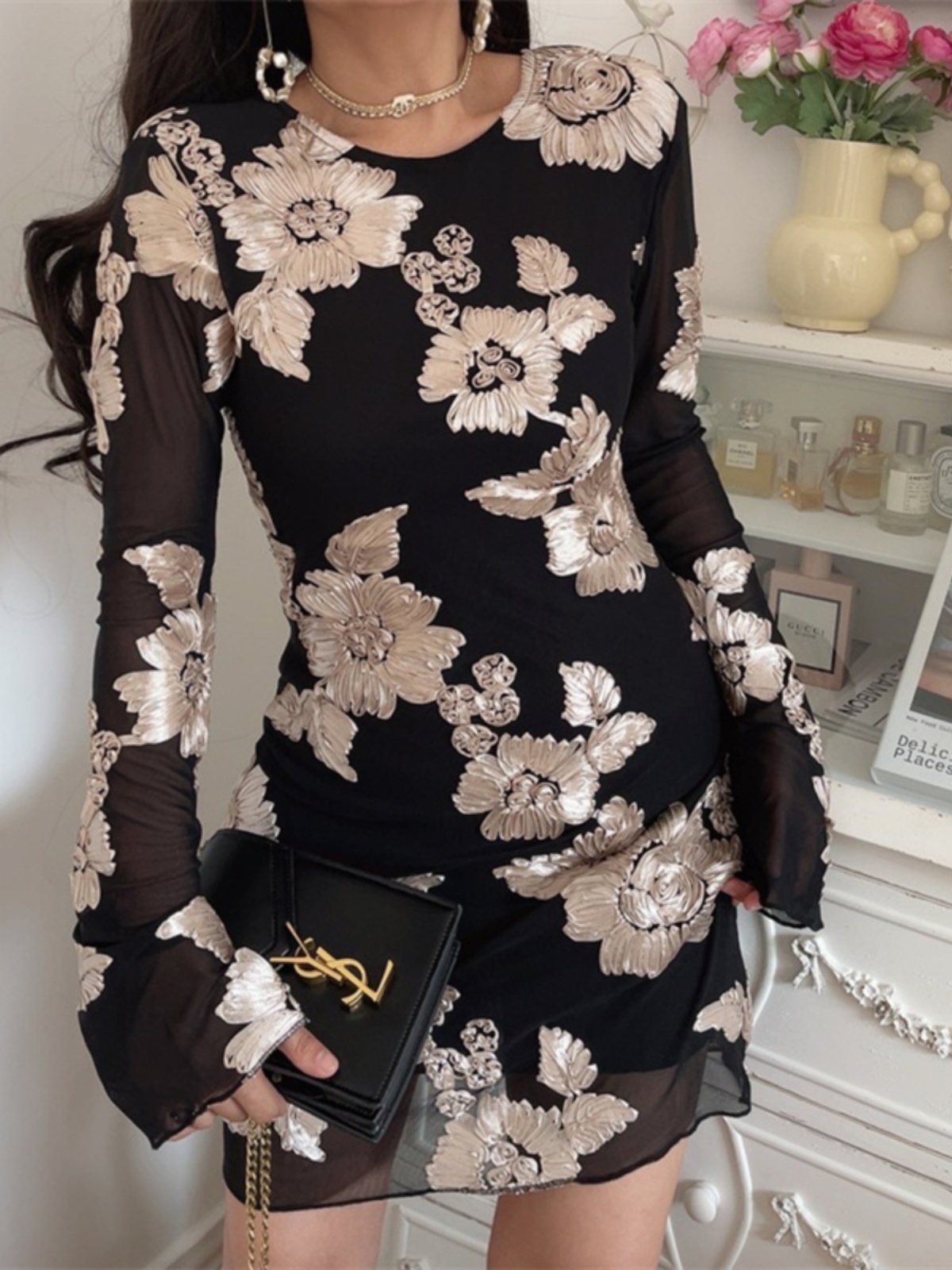 3D Relief Flower Mesh Black Long Sleeve Dress - Spring 2025 Fashion, Floral Design, Trendy Korean Style 3D Relief Flower Mesh Black Long Sleeve Dress - Spring 2025 Fashion, Floral Design, Trendy Korean Style