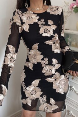 3D Relief Flower Mesh Black Long Sleeve Dress - Spring 2025 Fashion, Floral Design, Trendy Korean Style