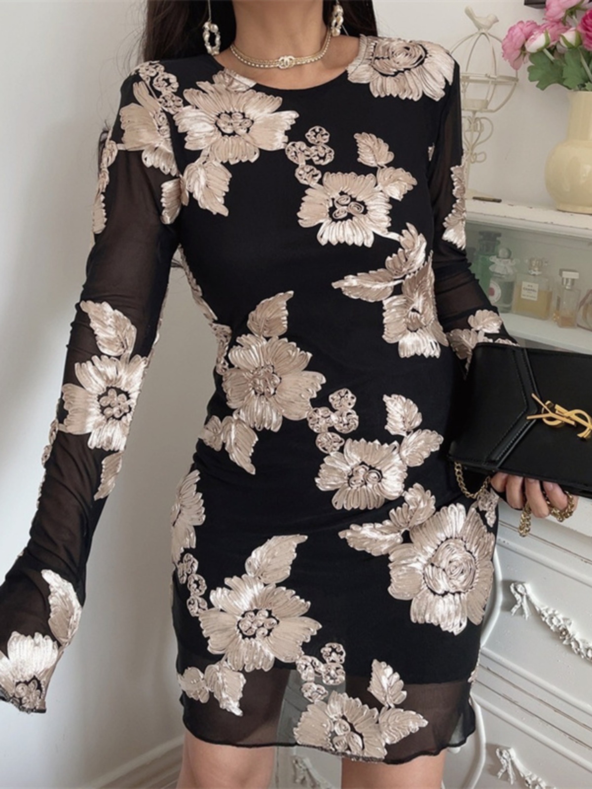 3D Relief Flower Mesh Black Long Sleeve Dress - Spring 2025 Fashion, Floral Design, Trendy Korean Style 3D Relief Flower Mesh Black Long Sleeve Dress - Spring 2025 Fashion, Floral Design, Trendy Korean Style