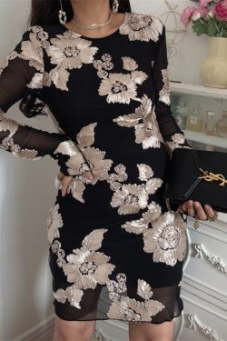 3D Relief Flower Mesh Black Long Sleeve Dress - Spring 2025 Fashion, Floral Design, Trendy Korean Style