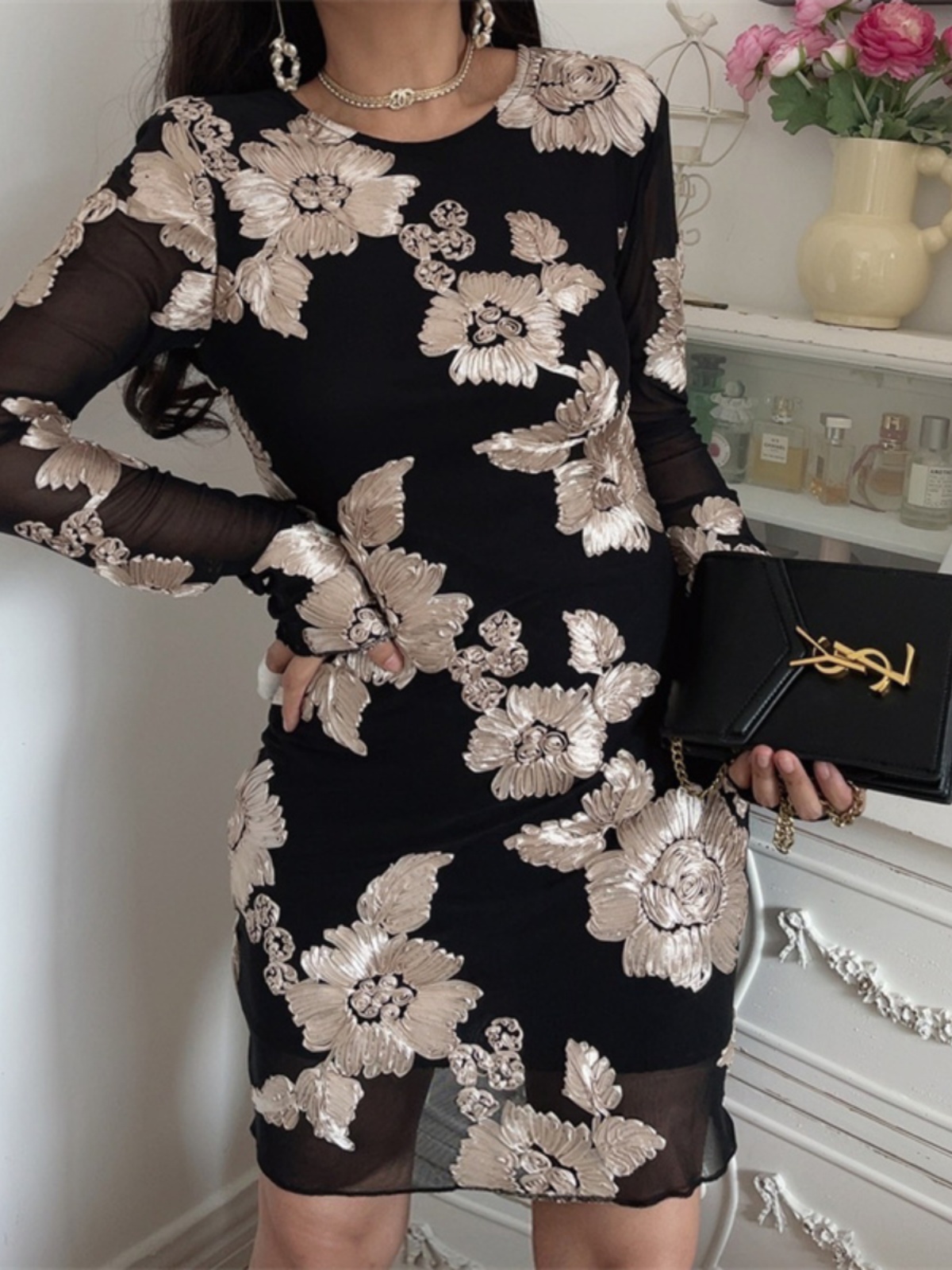 3D Relief Flower Mesh Black Long Sleeve Dress - Spring 2025 Fashion, Floral Design, Trendy Korean Style 3D Relief Flower Mesh Black Long Sleeve Dress - Spring 2025 Fashion, Floral Design, Trendy Korean Style