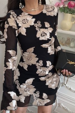 3D Relief Flower Mesh Black Long Sleeve Dress - Spring 2025 Fashion, Floral Design, Trendy Korean Style