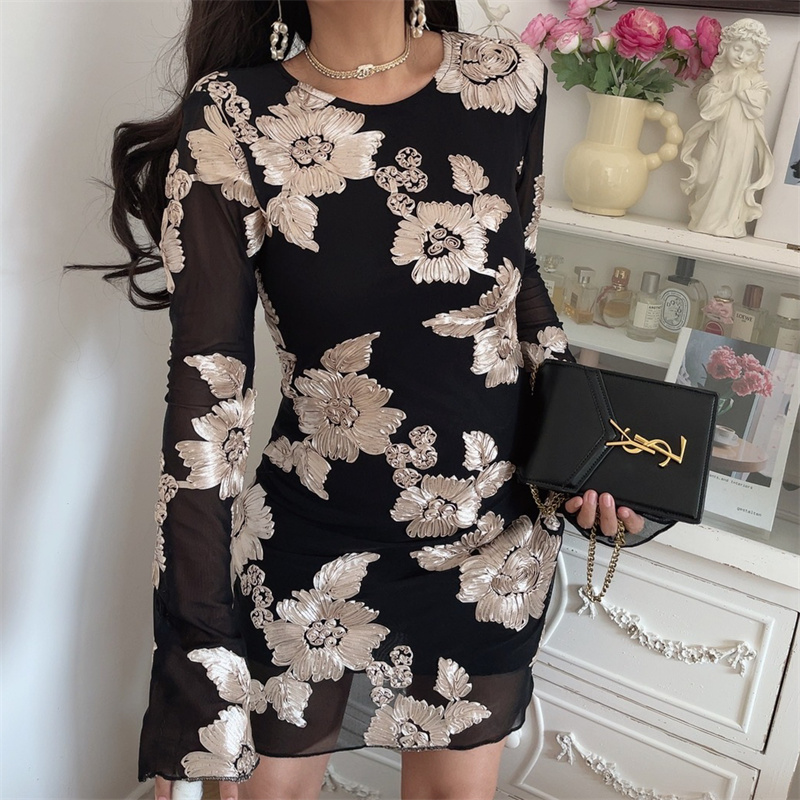 3D Relief Flower Mesh Black Long Sleeve Dress - Spring 2025 Fashion, Floral Design, Trendy Korean Style 3D Relief Flower Mesh Black Long Sleeve Dress - Spring 2025 Fashion, Floral Design, Trendy Korean Style