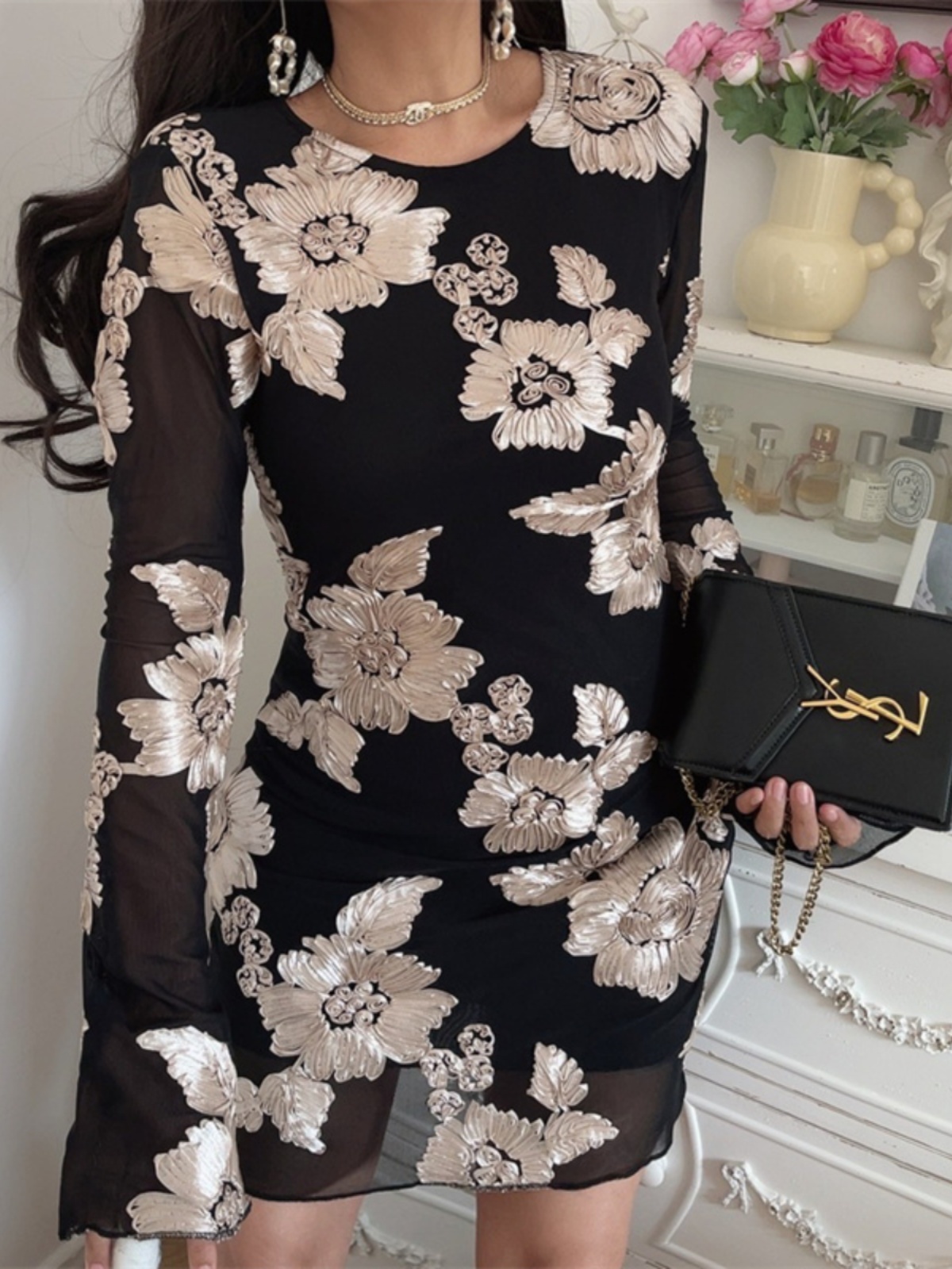 3D Relief Flower Mesh Black Long Sleeve Dress - Spring 2025 Fashion, Floral Design, Trendy Korean Style 3D Relief Flower Mesh Black Long Sleeve Dress - Spring 2025 Fashion, Floral Design, Trendy Korean Style