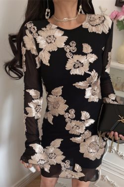 3D Relief Flower Mesh Black Long Sleeve Dress - Spring 2025 Fashion, Floral Design, Trendy Korean Style