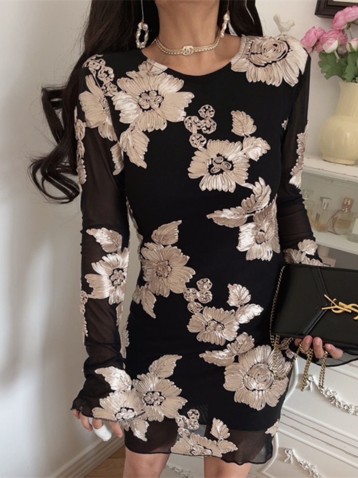 3D Relief Flower Mesh Black Long Sleeve Dress - Spring 2025 Fashion, Floral Design, Trendy Korean Style 3D Relief Flower Mesh Black Long Sleeve Dress - Spring 2025 Fashion, Floral Design, Trendy Korean Style
