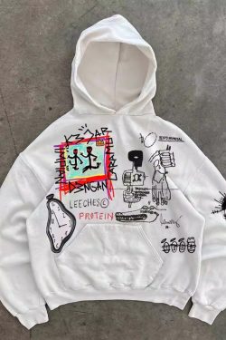 400g Heavyweight Graffiti Hoodie for Men and Women - American Retro Cartoon Line Art Unisex Fashion Sweater