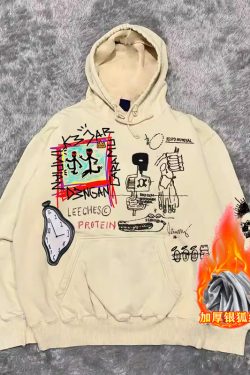 400g Heavyweight Graffiti Hoodie for Men and Women - American Retro Cartoon Line Art Unisex Fashion Sweater