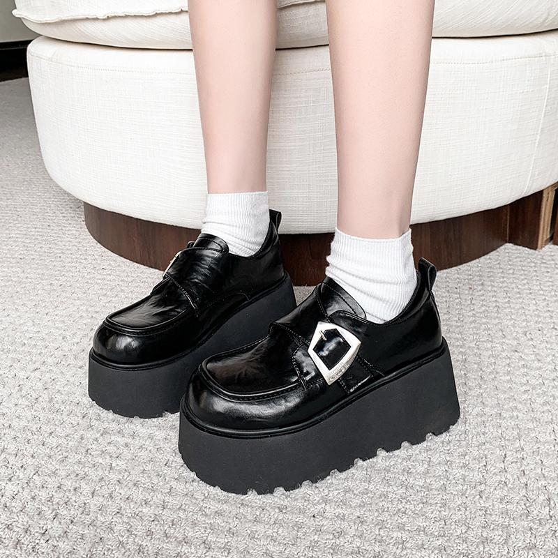 8cm Height-Increasing Black Leather Loafers for Petite Women, 2025 British Style Thick-Soled Flats in Small Sizes 8cm Height-Increasing Black Leather Loafers for Petite Women, 2025 British Style Thick-Soled Flats in Small Sizes