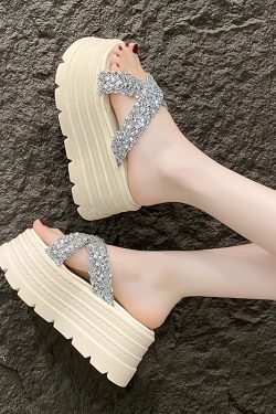 8cm Thick-Soled Cross Rhinestone Sandals for Women - Stylish Height-Increasing Slide Sandals for Summer 2025 Outdoor Fashion
