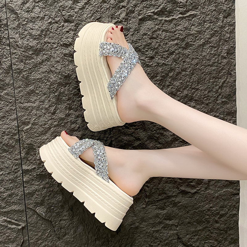 8cm Thick-Soled Cross Rhinestone Sandals for Women - Stylish Height-Increasing Slide Sandals for Summer 2025 Outdoor Fashion 8cm Thick-Soled Cross Rhinestone Sandals for Women - Stylish Height-Increasing Slide Sandals for Summer 2025 Outdoor Fashion