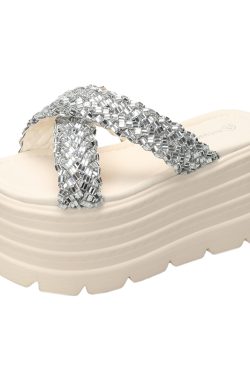 8cm Thick-Soled Cross Rhinestone Sandals for Women - Stylish Height-Increasing Slide Sandals for Summer 2025 Outdoor Fashion