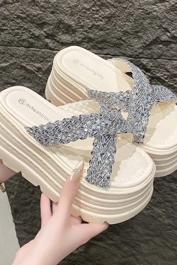 8cm Thick-Soled Cross Rhinestone Sandals for Women - Stylish Height-Increasing Slide Sandals for Summer 2025 Outdoor Fashion