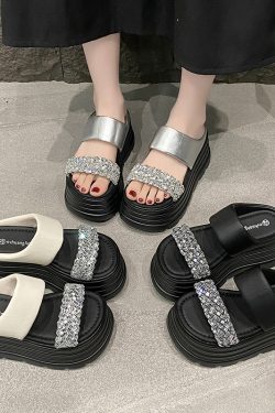 8cm Thick-Soled Height-Increasing Sandals for Women - Summer Rhinestone Fairy Style Beach Shoes for Skirts - 2025 Trend