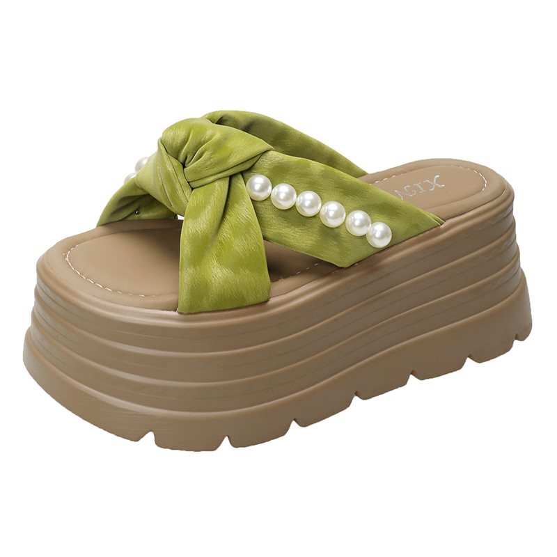 8cm Thick-Soled Pearl Slippers for Women - Summer Fairy Style Height-Increasing Beach Sandals for Outdoor Wear 8cm Thick-Soled Pearl Slippers for Women - Summer Fairy Style Height-Increasing Beach Sandals for Outdoor Wear