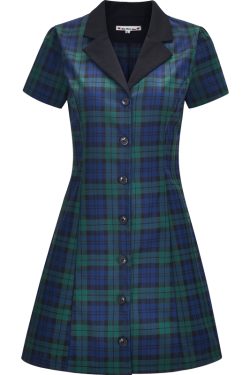 90s Retro College Style Lapel Plaid Slim Fit Short Sleeve A-Line Dress for Women - Vintage-Inspired Casual Shirt Dress