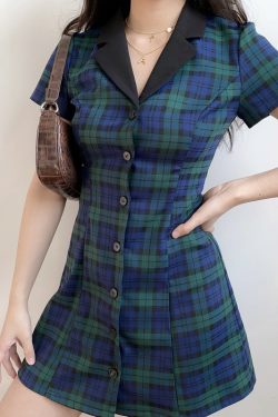 90s Retro College Style Lapel Plaid Slim Fit Short Sleeve A-Line Dress for Women - Vintage-Inspired Casual Shirt Dress