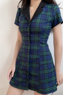 90s Retro College Style Lapel Plaid Slim Fit Short Sleeve A-Line Dress for Women - Vintage-Inspired Casual Shirt Dress