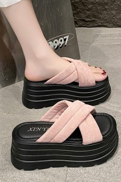 9cm Thick-Soled Cross Fairy-Style Sandals for Women - Summer Height-Increasing Slides for Petite Figures, Perfect for Skirts