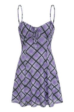 A-Line Slim Fit Purple Plaid Suspender Dress - Front Strap Design, Short Skirt, European & American Style, Trendy Hot Girl Fashion