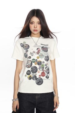 American Badge All-Over Print Round Neck Short Sleeve T-Shirt for Women - Summer Loose Casual Versatile Top, Trendy 90s Style