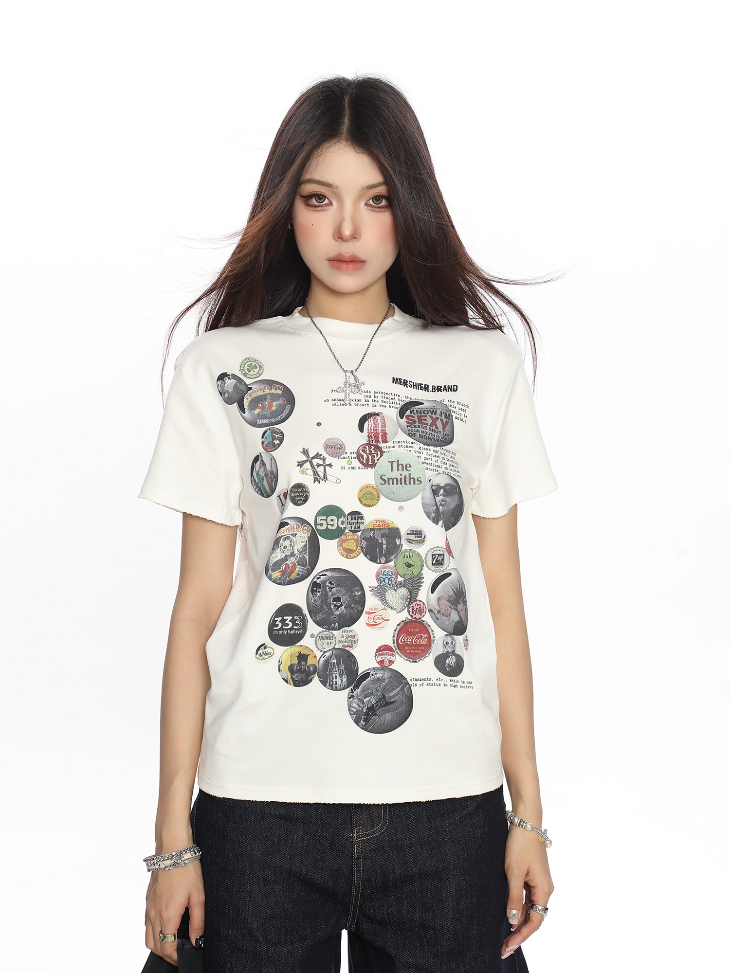 American Badge All-Over Print Round Neck Short Sleeve T-Shirt for Women - Summer Loose Casual Versatile Top, Trendy 90s Style American Badge All-Over Print Round Neck Short Sleeve T-Shirt for Women - Summer Loose Casual Versatile Top, Trendy 90s Style