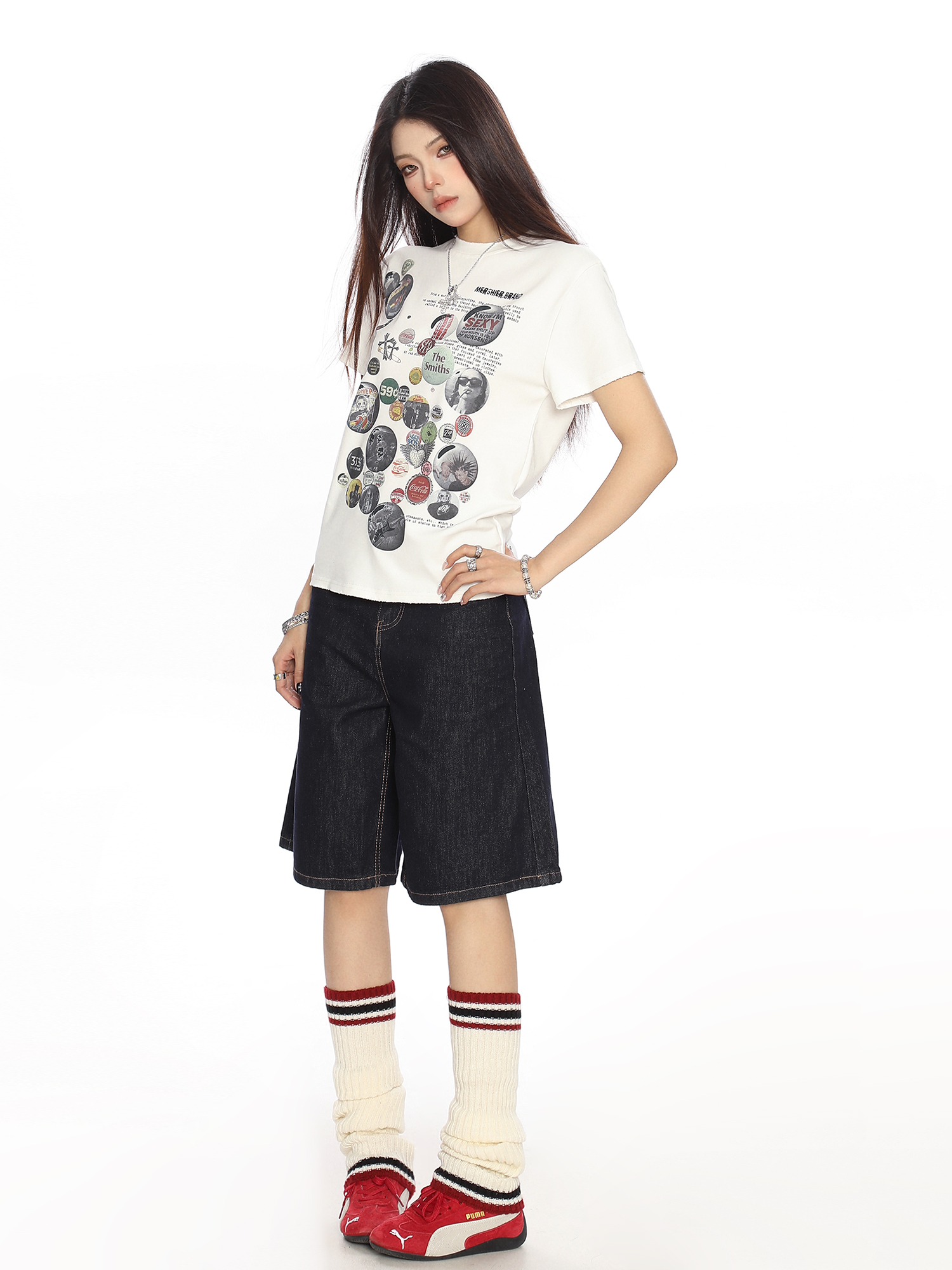 American Badge All-Over Print Round Neck Short Sleeve T-Shirt for Women - Summer Loose Casual Versatile Top, Trendy 90s Style American Badge All-Over Print Round Neck Short Sleeve T-Shirt for Women - Summer Loose Casual Versatile Top, Trendy 90s Style